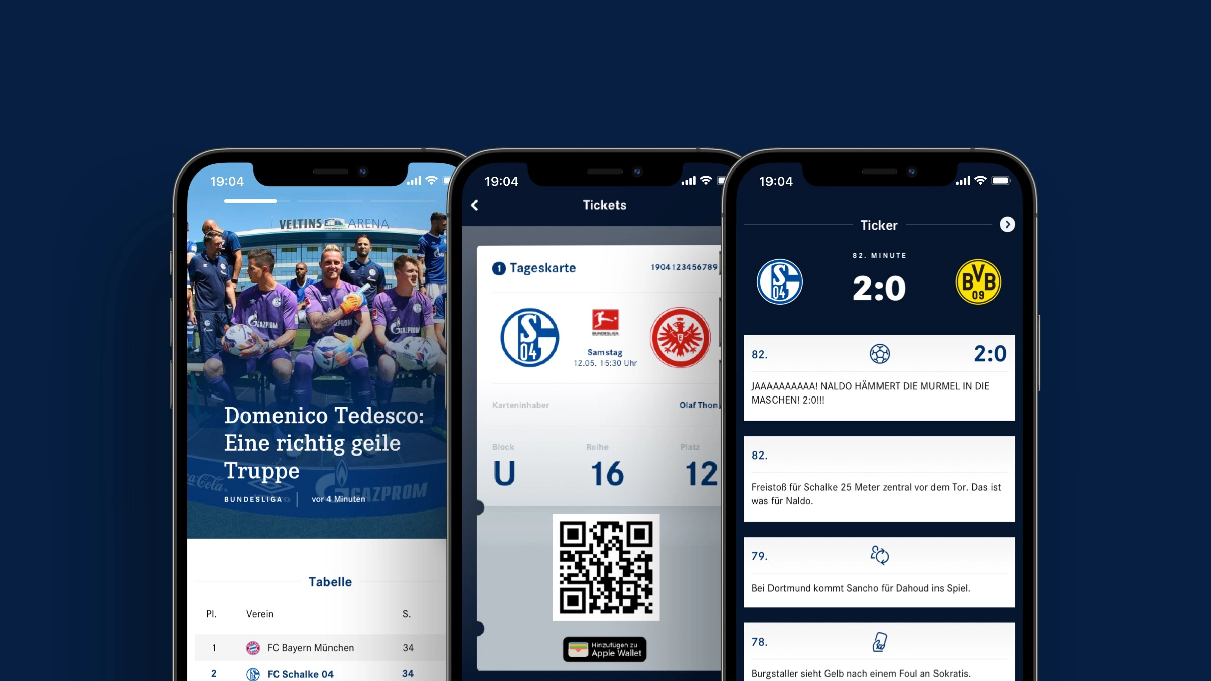 Eine Staffelung von 3 Smartphones zeigt die weiteren Funktionen der App: die Startseite, das E-Ticketing und den Liveticker.