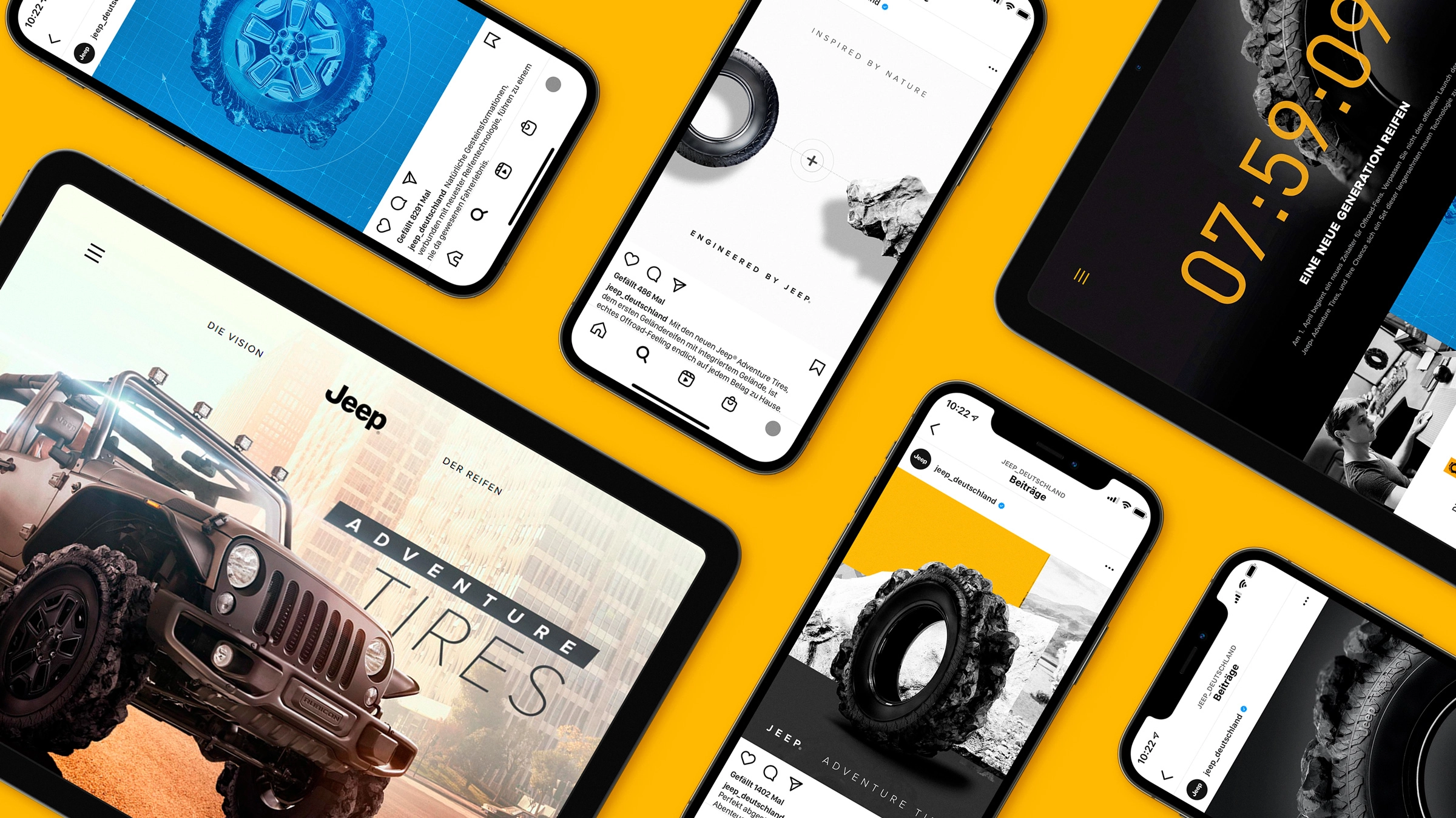 Verschiedene Smartphones und Tablets zeigen die diversen Kampagnenassets, bestehend aus einer Landingpage und Social Postings.