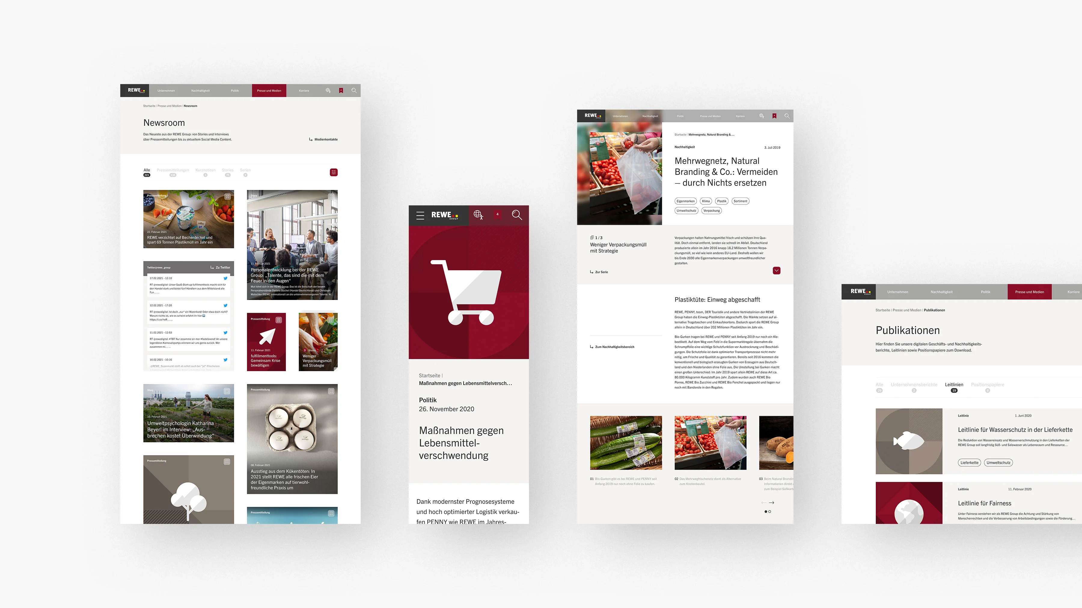 Eine Staffelung von vier Screenshots zeigt die redaktionellen Touchpoints der REWE Group Website optimiert für verschiedene responsive Bildschirmgrößen.