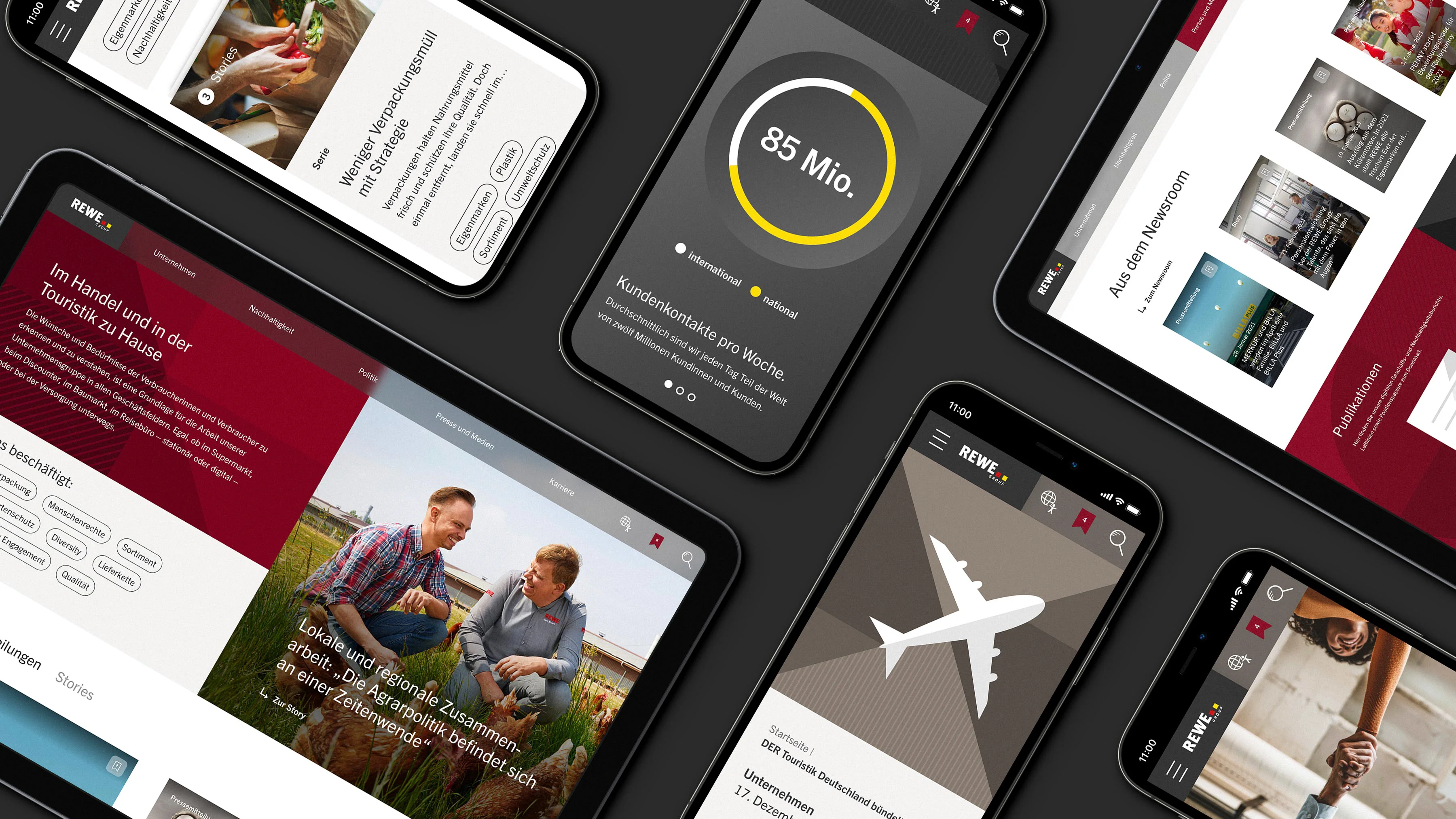 Eine Kollage von Tablets und Smartphones zeigt verschiedene Bereiche der REWE Group Website.
