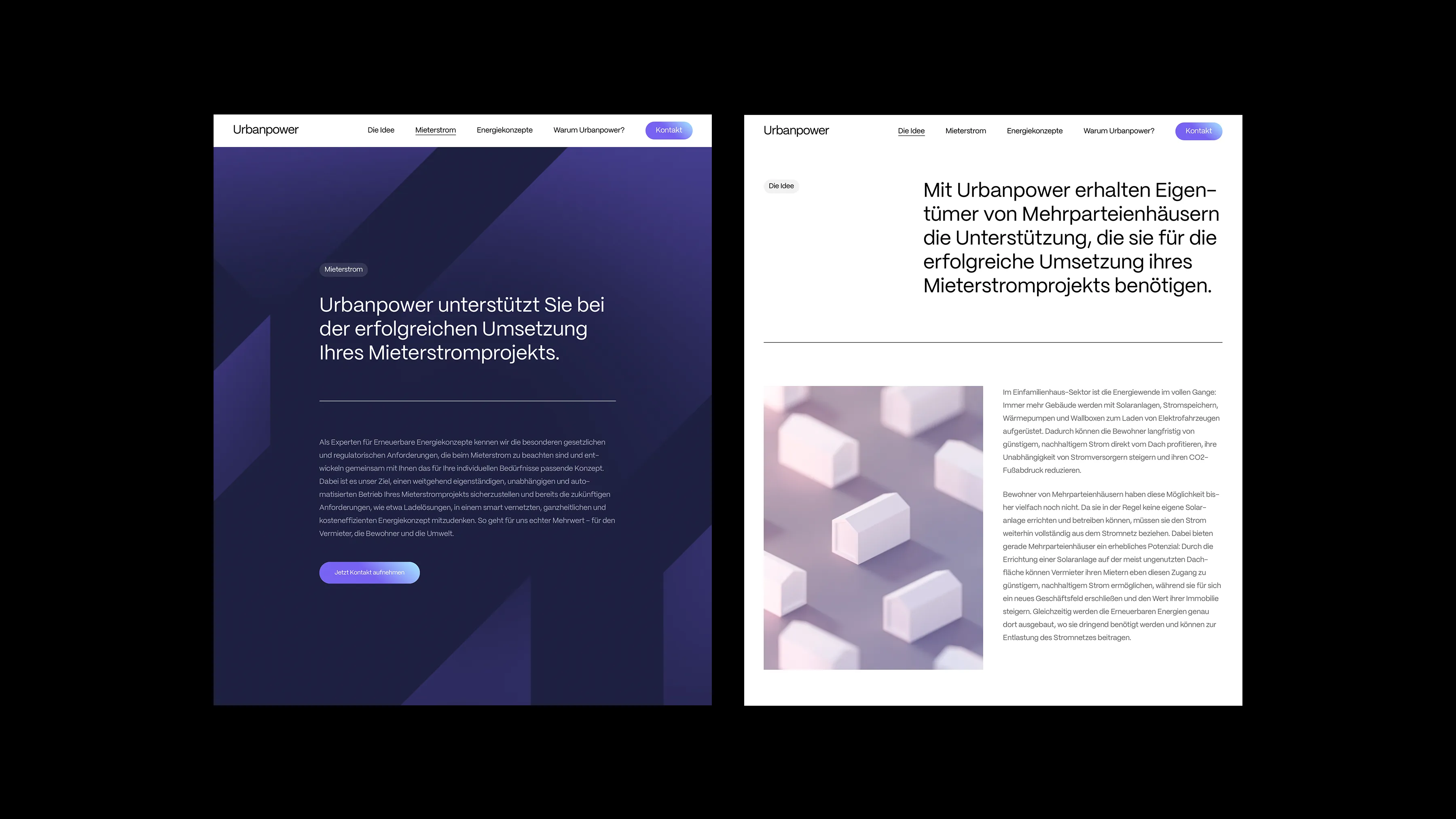 Zwei weitere Viewports der Website zeigen weitere Anwendungen des Designs.